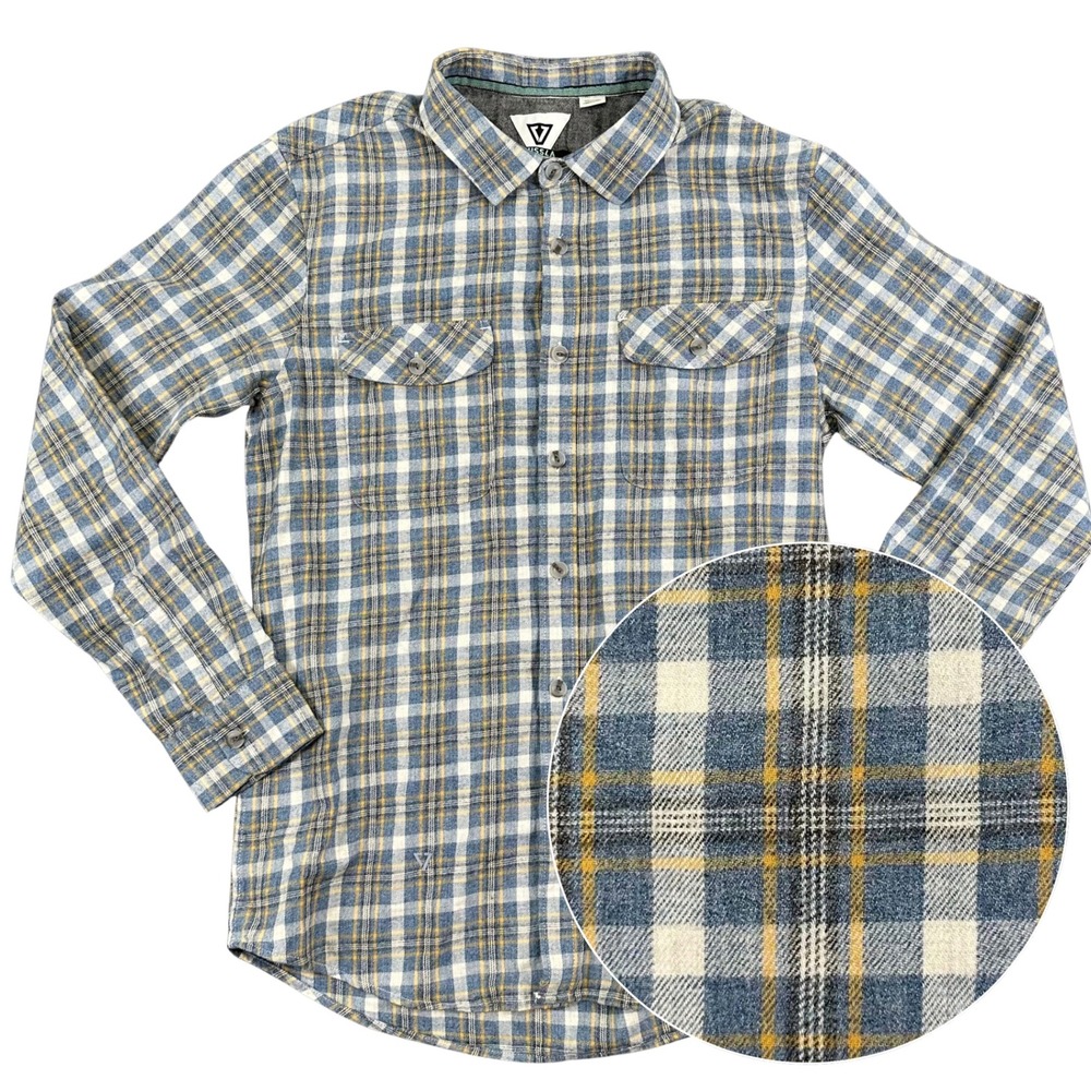 Vissla Flannel Shirt Mens Medium Blue Plaid Long Sleeve 100% Organic Cotton